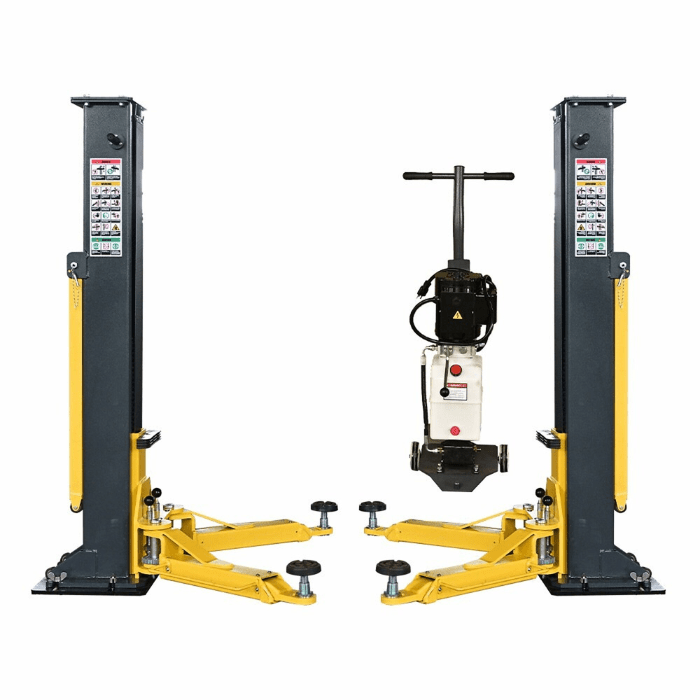 Katool KT-PMRL200 Portable Two Post Car Lift with 8,000 lb capacity—features a compact frame and wheeled power unit for fast shop mobility.
