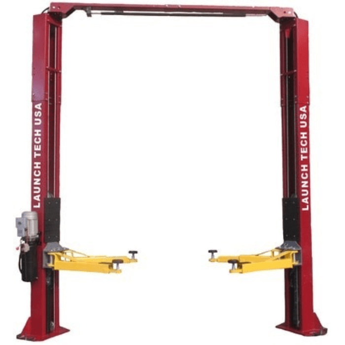 Launch 9,000-lb asymmetric 2-post clear-floor car lift (TLT240SC-R) shown head-on with overhead safety bar and yellow swing arms.