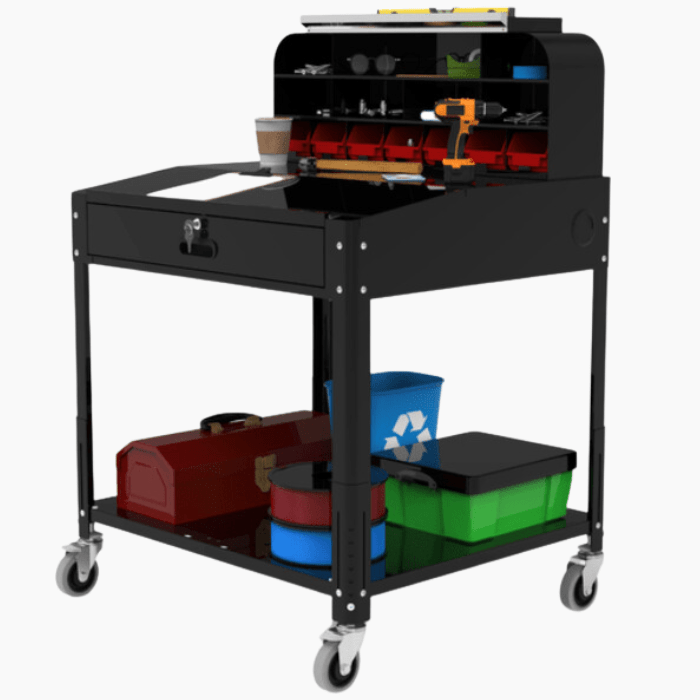 Materials on the Shop Desk with Pigeonhole Bin Unit by Luxor from the right side view