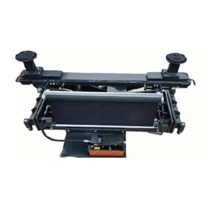 Overhead perspective of the Triumph RJ-9000 9,000 lb Rolling Bridge Jack, showcasing its robust scissor mechanism, adjustable support pads, and prominent hydraulic pump for heavy-duty lifting.