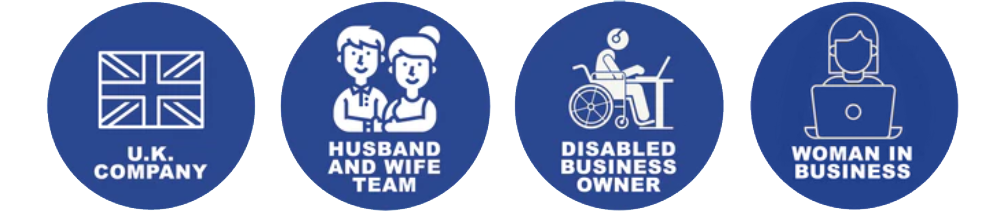 Four icons: The first shows a Union Jack with the words U.K. Company, the second shows a man and woman couple hand-in-hand with the words Husband and Wife Team, the third shows a person in a wheelchair working on a computer at a desk with the words Disabled Business Owner, and the fourth shows a women working on a laptop computer with the words Woman In Business