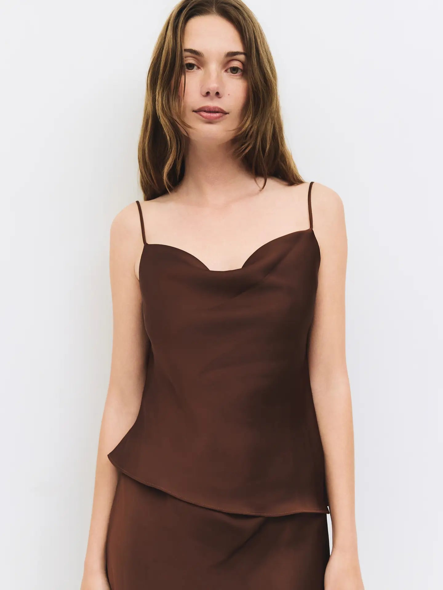 The Elena Satin Top in Mocha