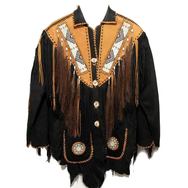 Men’s Suede Leather Cowboy Coat with Fringes and Beads