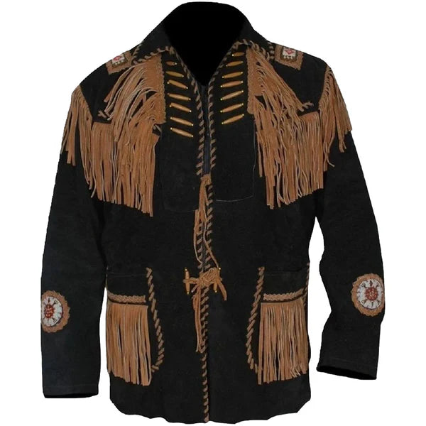 Men’s Black Western Cowboy Suede Leather Jacket with Fringes