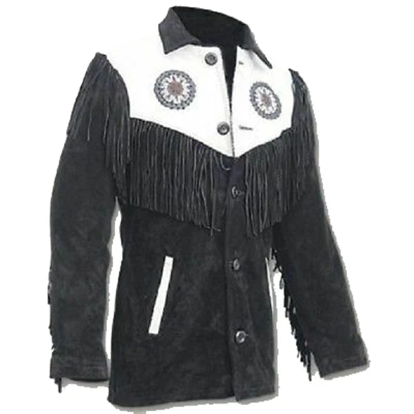 Men’s Black and White Suede Leather Jacket - Cowboy Fringed & Beaded Coat