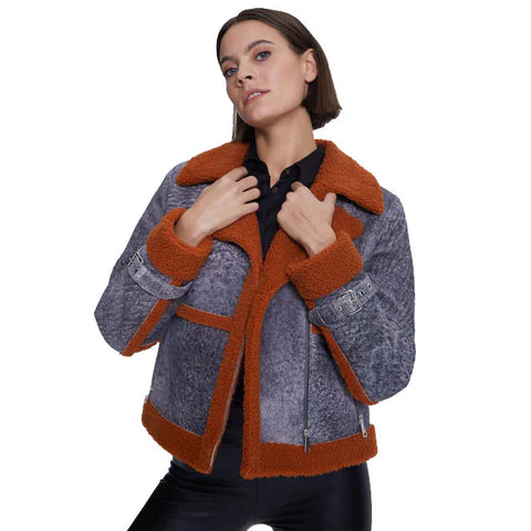 Women's Sheepskin Fashion Jacket with Orange Curly Fur