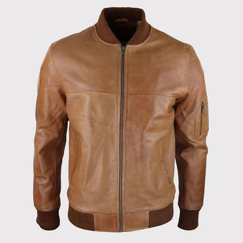 Men’s Tan Brown Genuine Leather Bomber Jacket