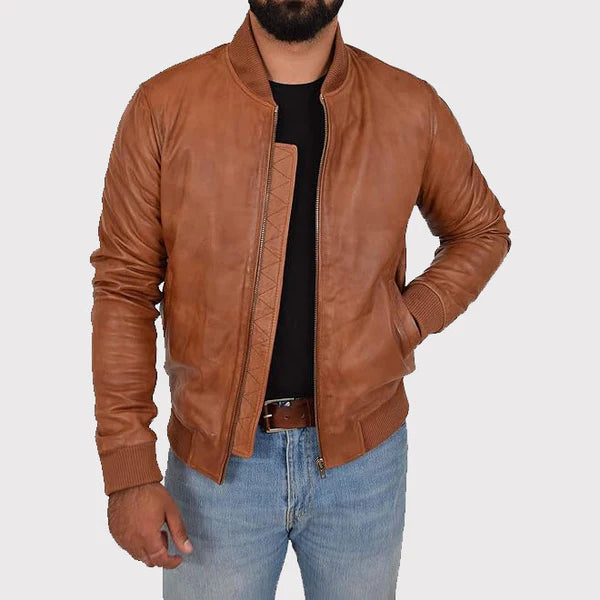 Men’s Fitted Varsity Tan Leather Bomber Jacket