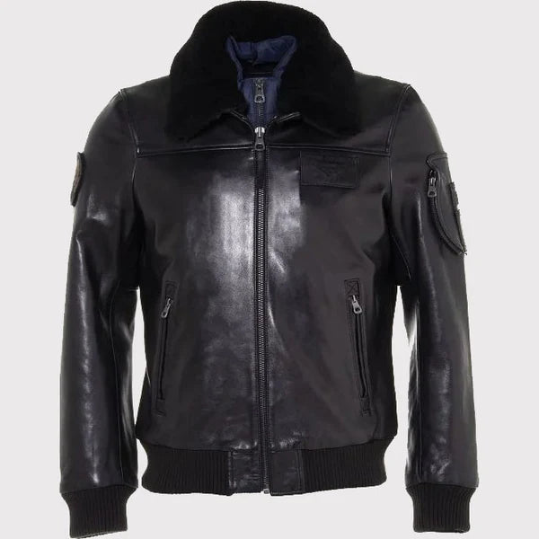 Men’s Black Leather Bomber Jacket with Fur Collar