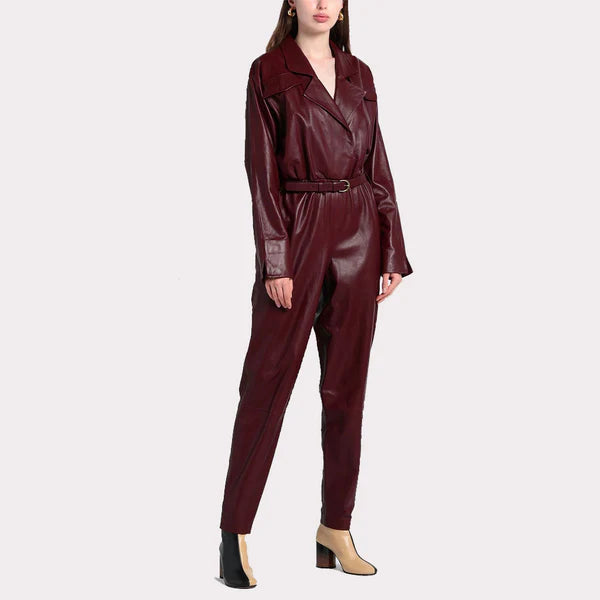 Burgundy Sleek Women's Leather Jumpsuit