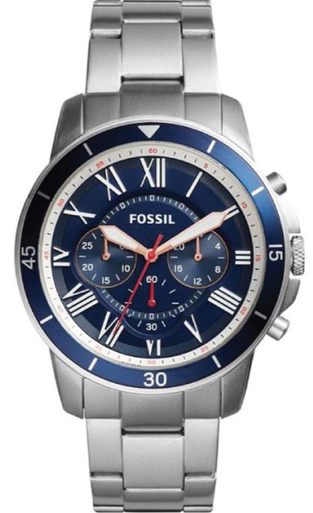 Fossil Silver Steel Men Chronograph for Dial Watch Blue Strap Sport Grant