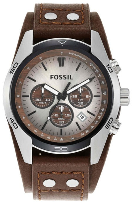 Fossil Coachman Chronograph Silver Dial Brown Leather Strap Watch for Men