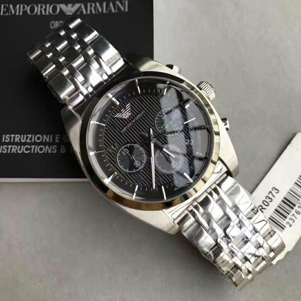 Buy Emporio Armani Franco Black Dial Silver Stainless Steel Strap Watch ...
