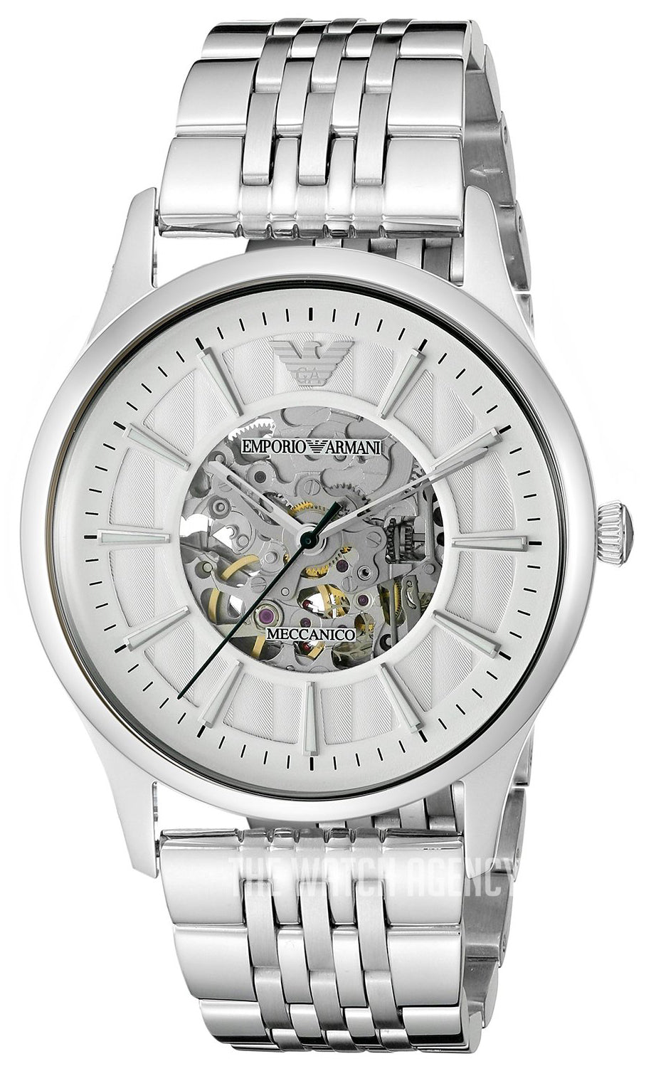 Emporio Armani Meccanico Silver Skeleton Dial Stainless Steel Watch For Men