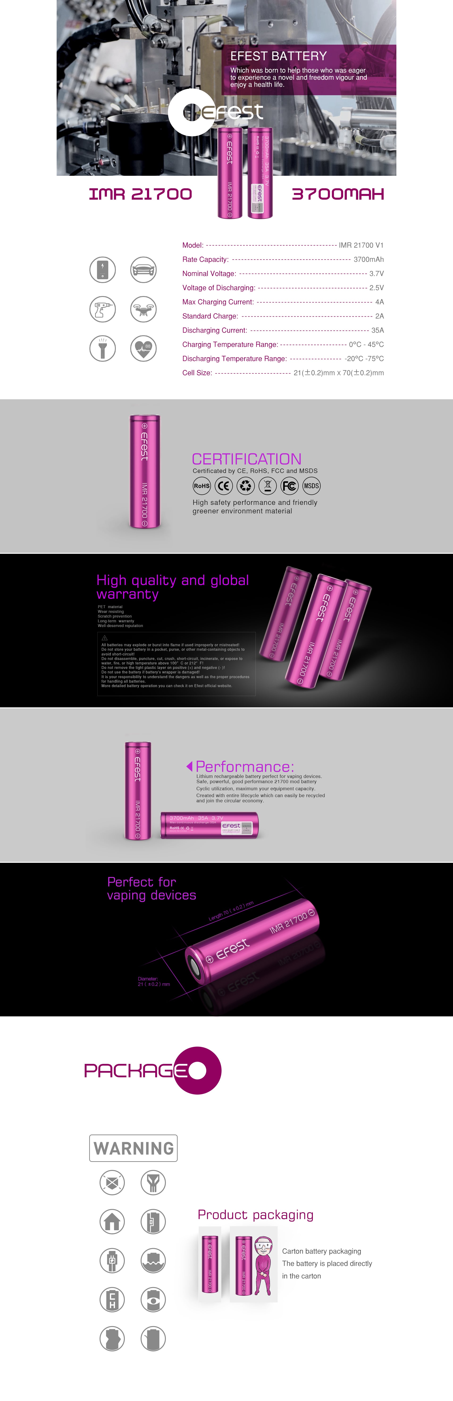 Efest IMR 21700 3700mAh 35A flat top battery