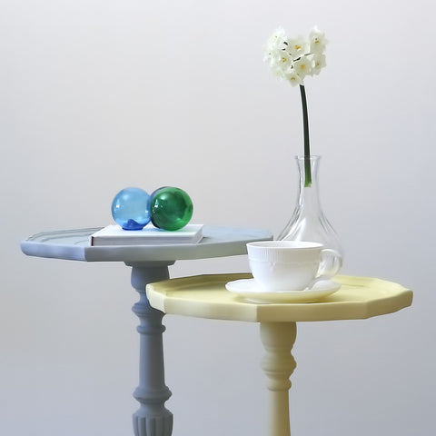 blue and yellow painted side tables