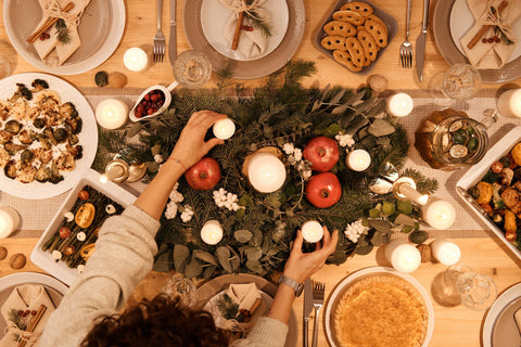 Top-down view of holiday dinner setting be prepared