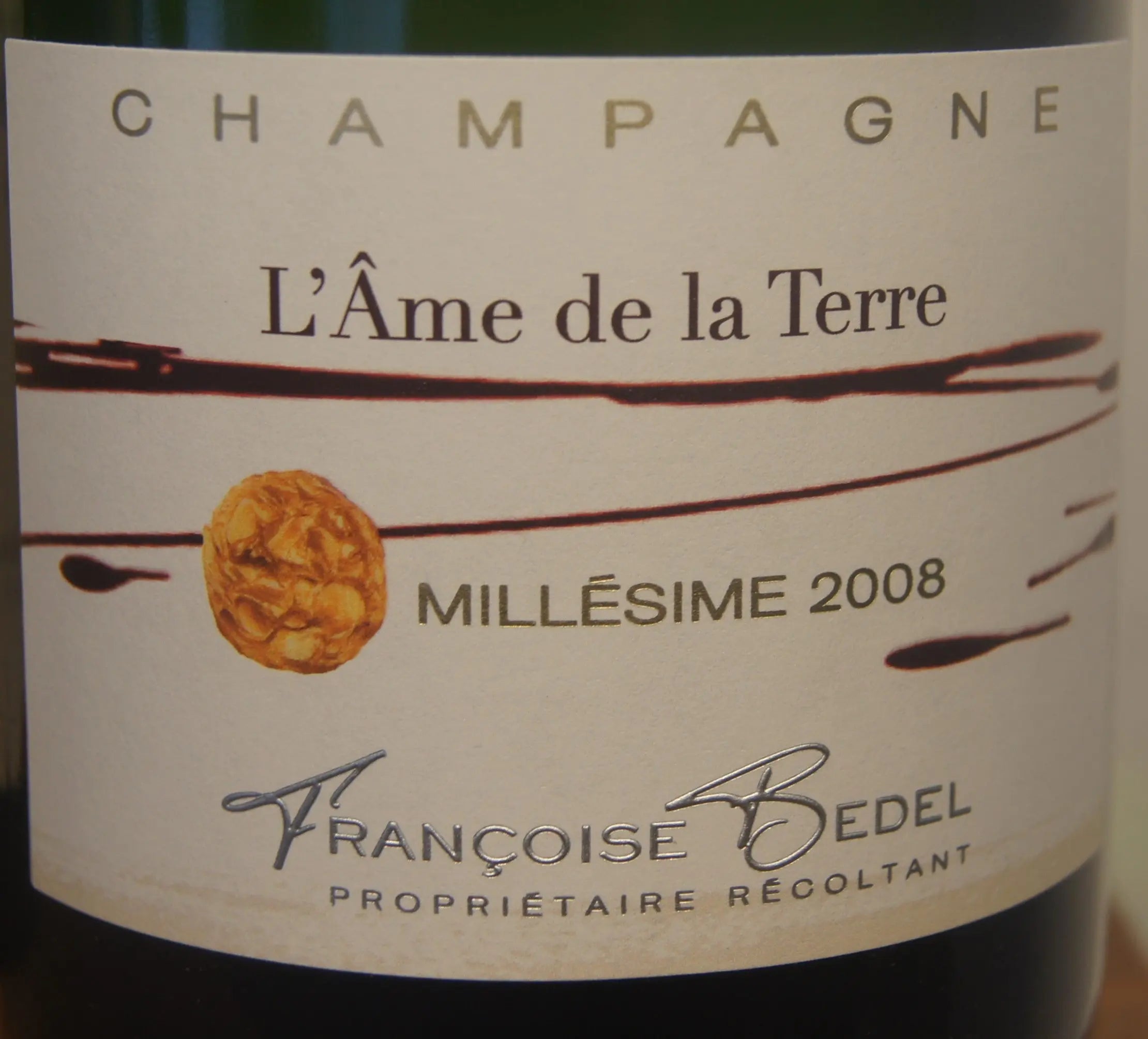 2008er Françoise Bedel L'Âme de la Terre, Extra-Trocken Champagner. Biodynamisch angebauter Wein mit 14 Jahren Reife auf der Hefe.