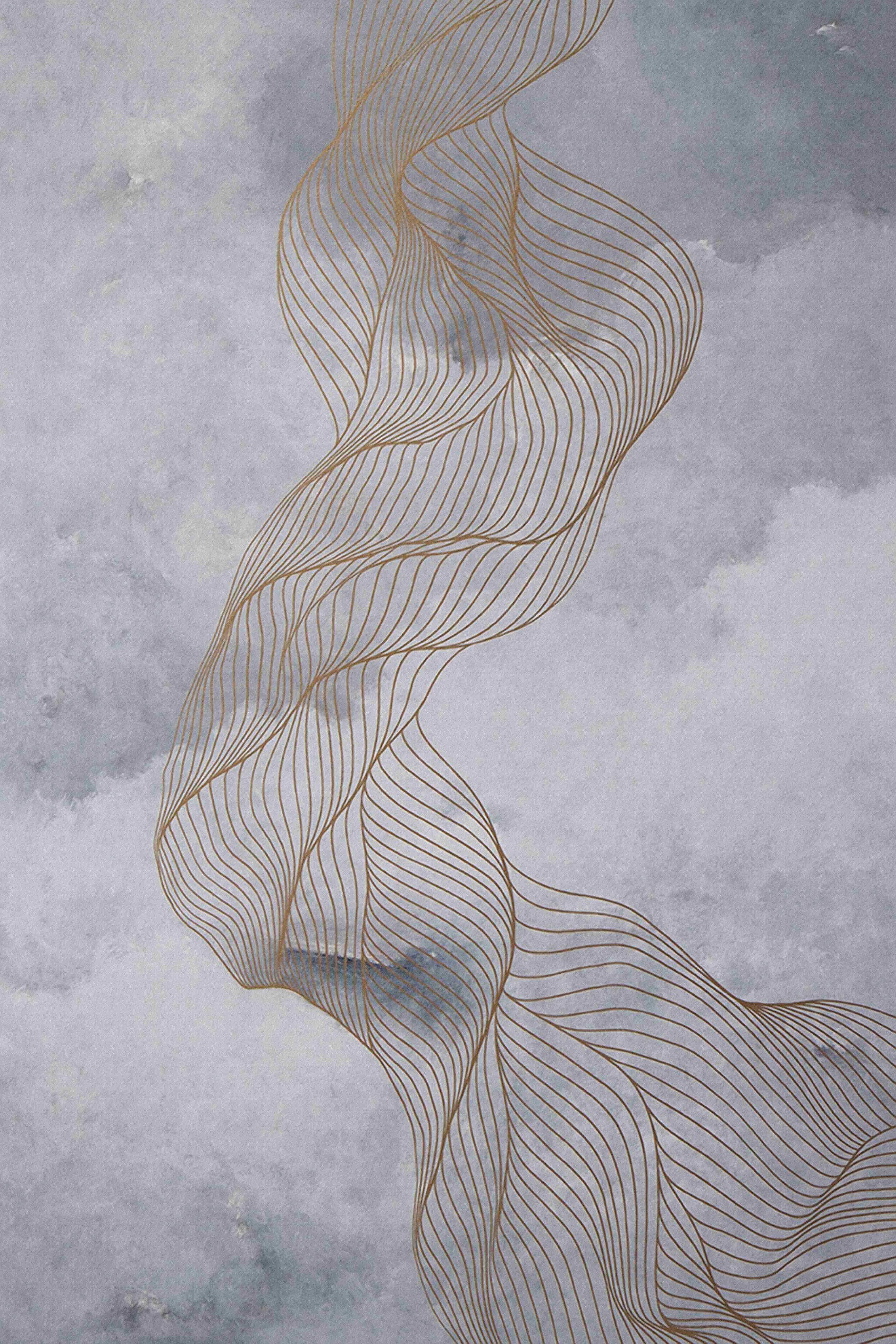 Turkish Rug Abstract Wave Line 160x230cm Modern Grey and Gold Flowing Lines