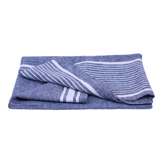 Linen Bath or Beach Towel - Stonewashed - Heather Marine Blue with White  Stripes - Luxury Thick Linen