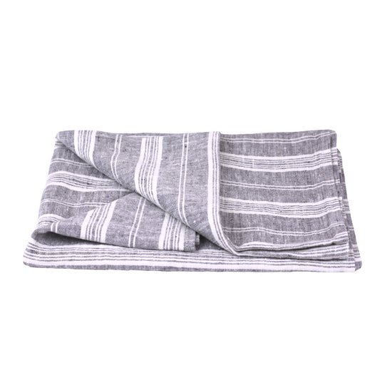 Linen Bath or Beach Towel - Stonewashed - Heather Marine Blue with White  Stripes - Luxury Thick Linen