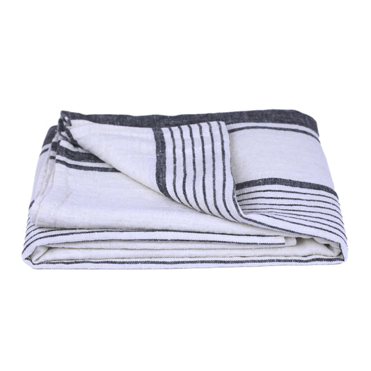 Linen Bath or Beach Towel - Stonewashed - Heather Marine Blue with White  Stripes - Luxury Thick Linen