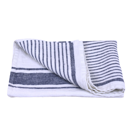 Linen Bath or Beach Towel - Stonewashed - Heather Marine Blue with White  Stripes - Luxury Thick Linen