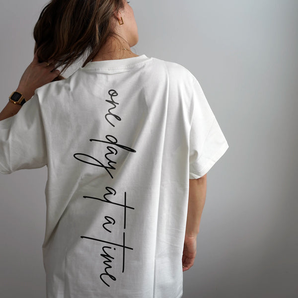 ODAAT Apparel, Script Tee in Vintage White, Lifestyle Image