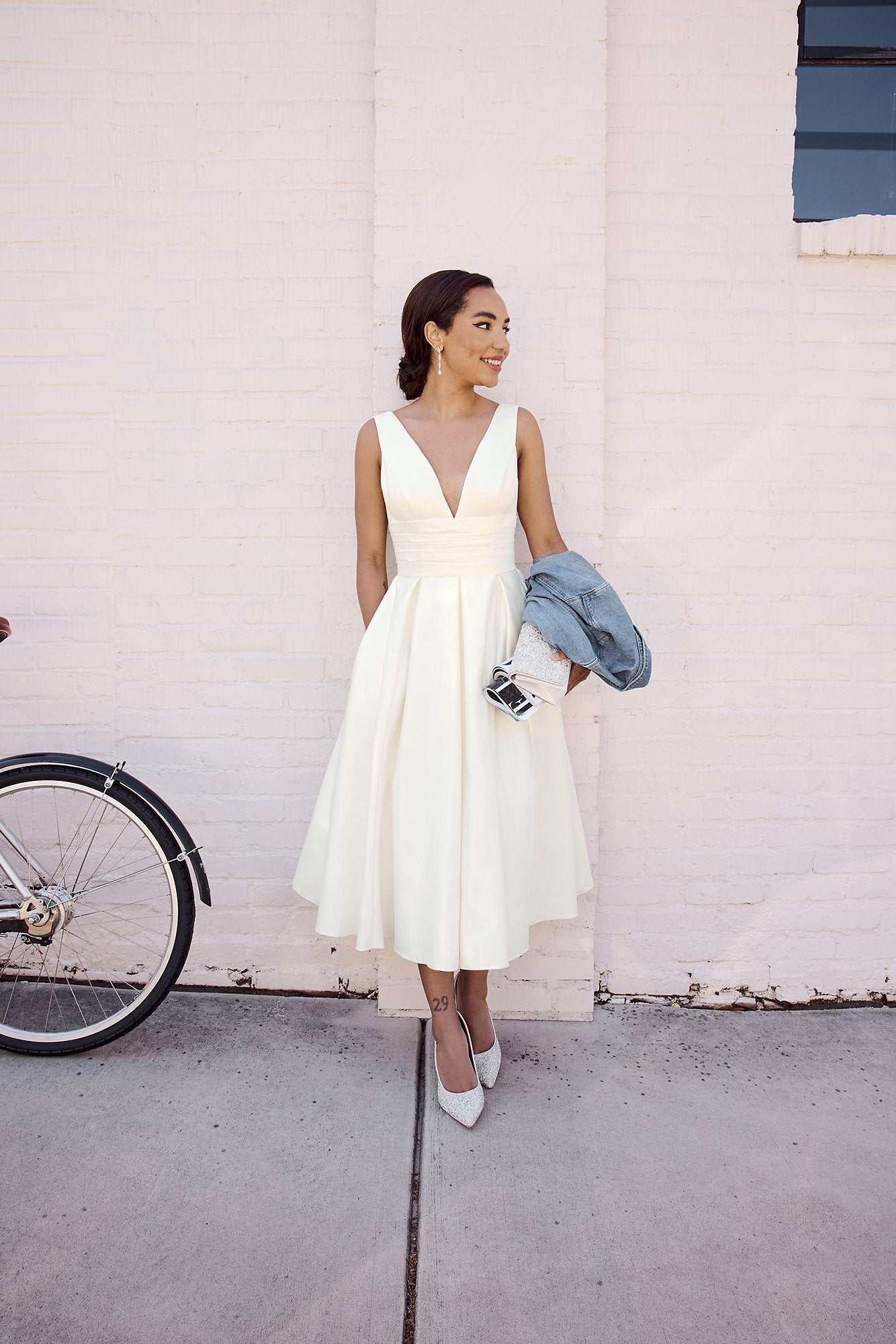 Picture of Satin V-Neck Tea Length A-Line Dress