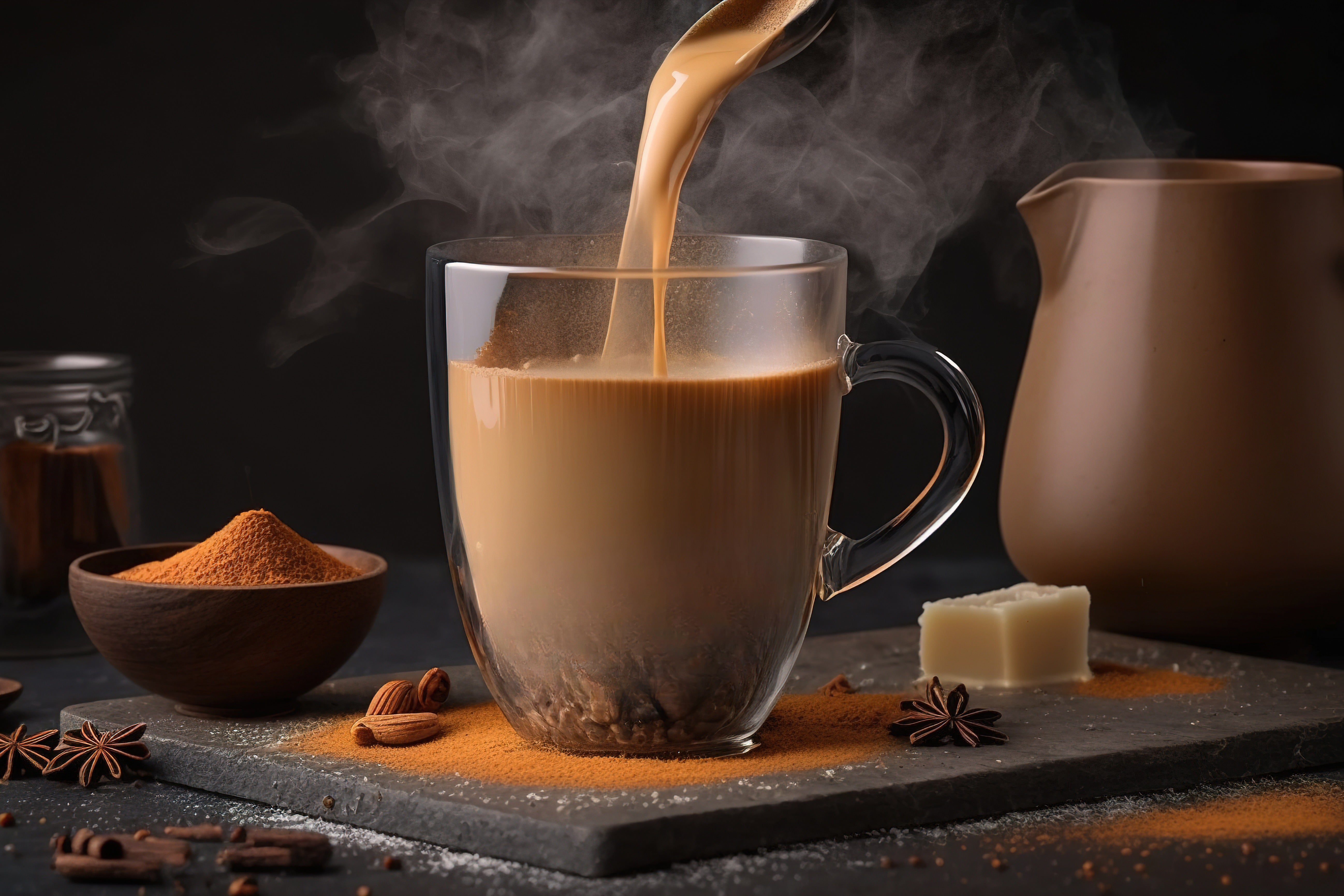 masala chai being poured into a cup