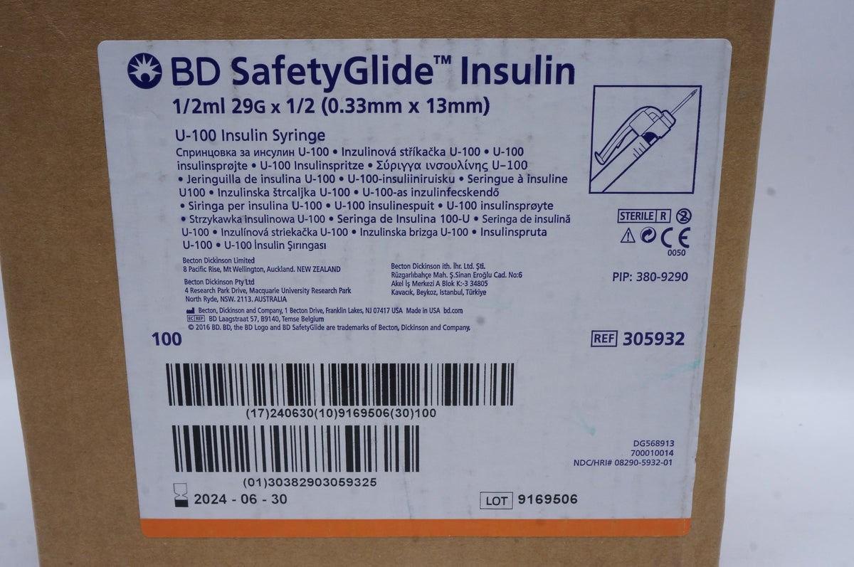 BD 305932 SafetyGlide Insulin Syringe 1/2ml, 29G x 1/2 - Box of 100 ...
