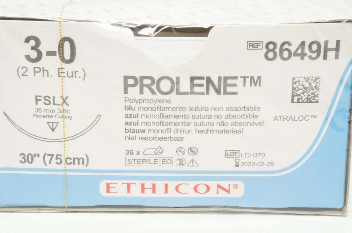 Ethicon 8649H 3-0 Prolene Stre FSLX 36mm 3/8c Reverse Cutting 30inch ...