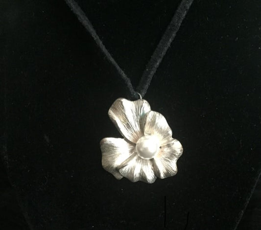 Boho Silver Flower Ribbon Necklace, Big Floral Pendant, Vegan