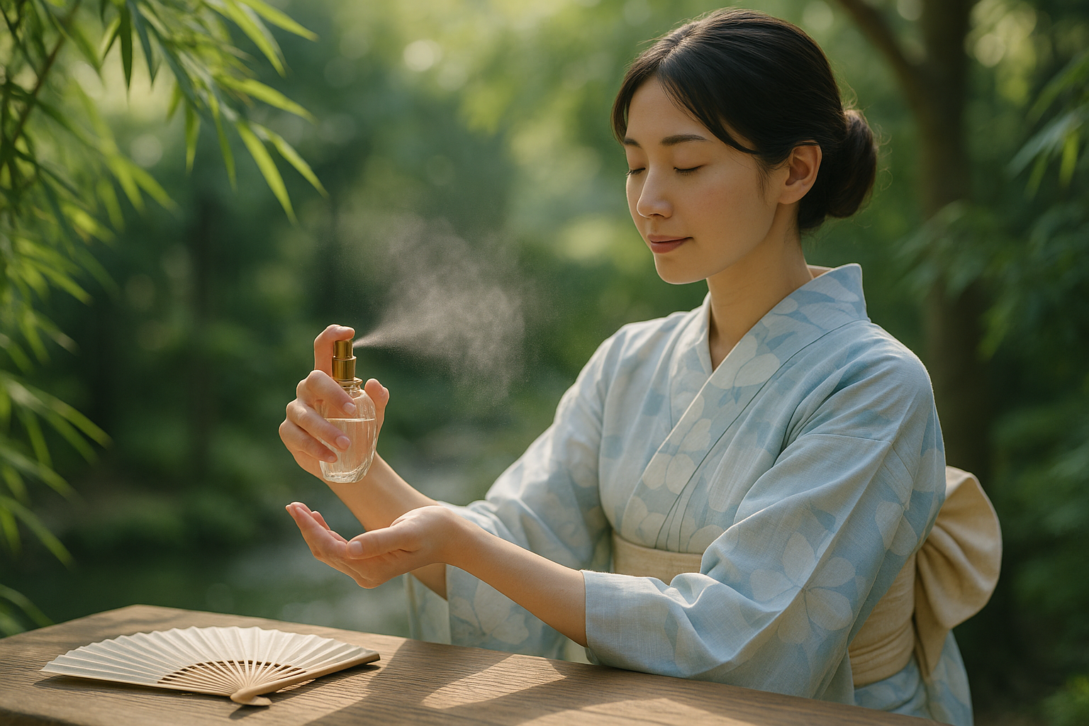 芳香蒸留水を使用する女性の涼やかな瞬間 芳香蒸留水のミスト 芳香蒸留水で叶える、現代の「打ち水」習慣 和精油のある暮らし ブログ