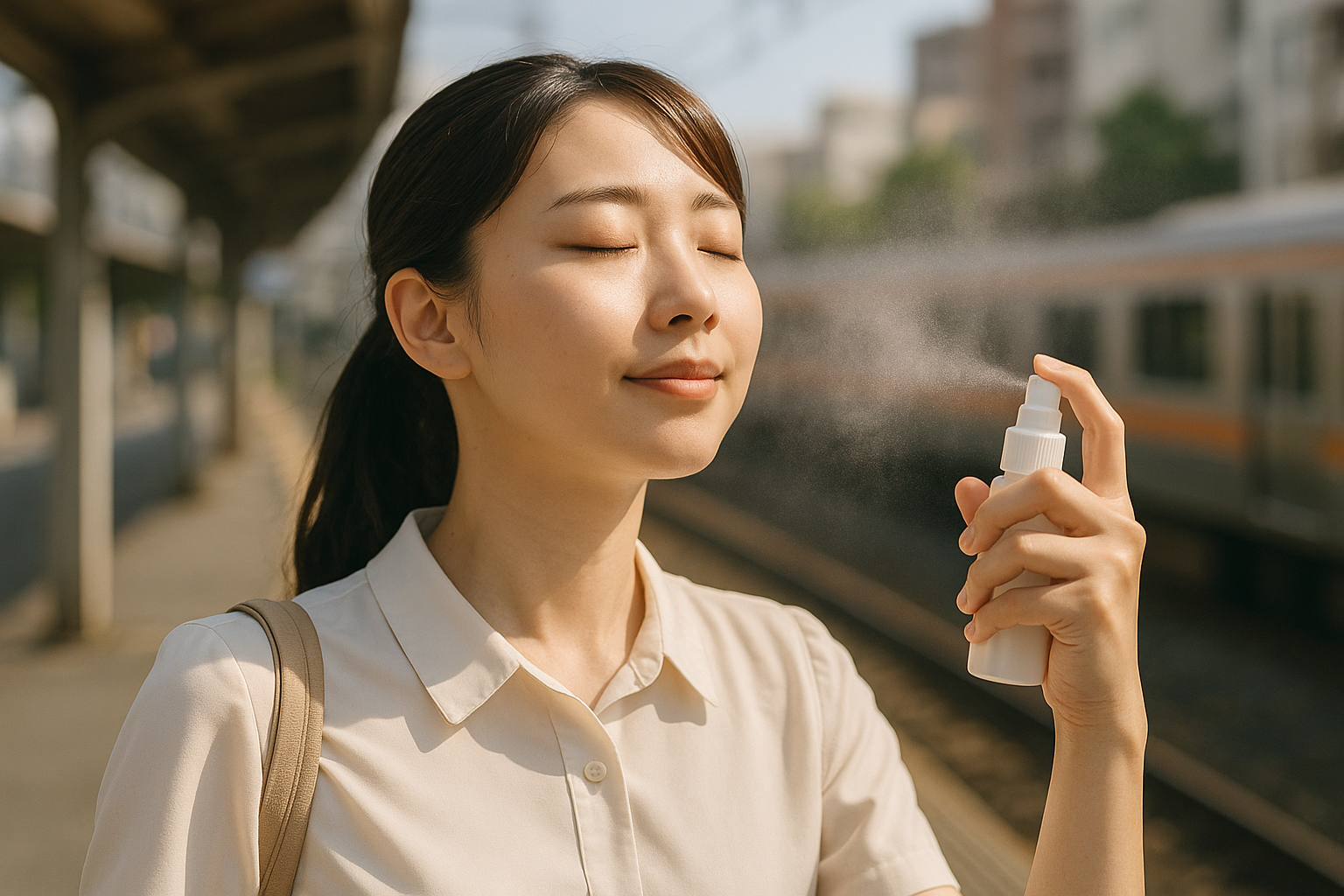芳香蒸留水のミストで涼む通勤中の女性 芳香蒸留水で叶える、現代の「打ち水」習慣 和精油のある暮らし ブログ