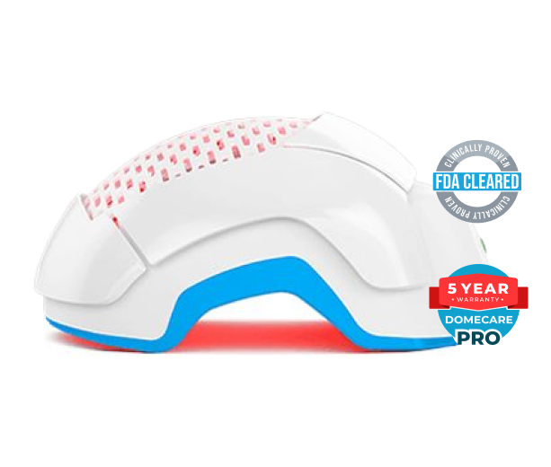 A white and blue laser therapy device with red light and badges for FDA clearance and warranty.