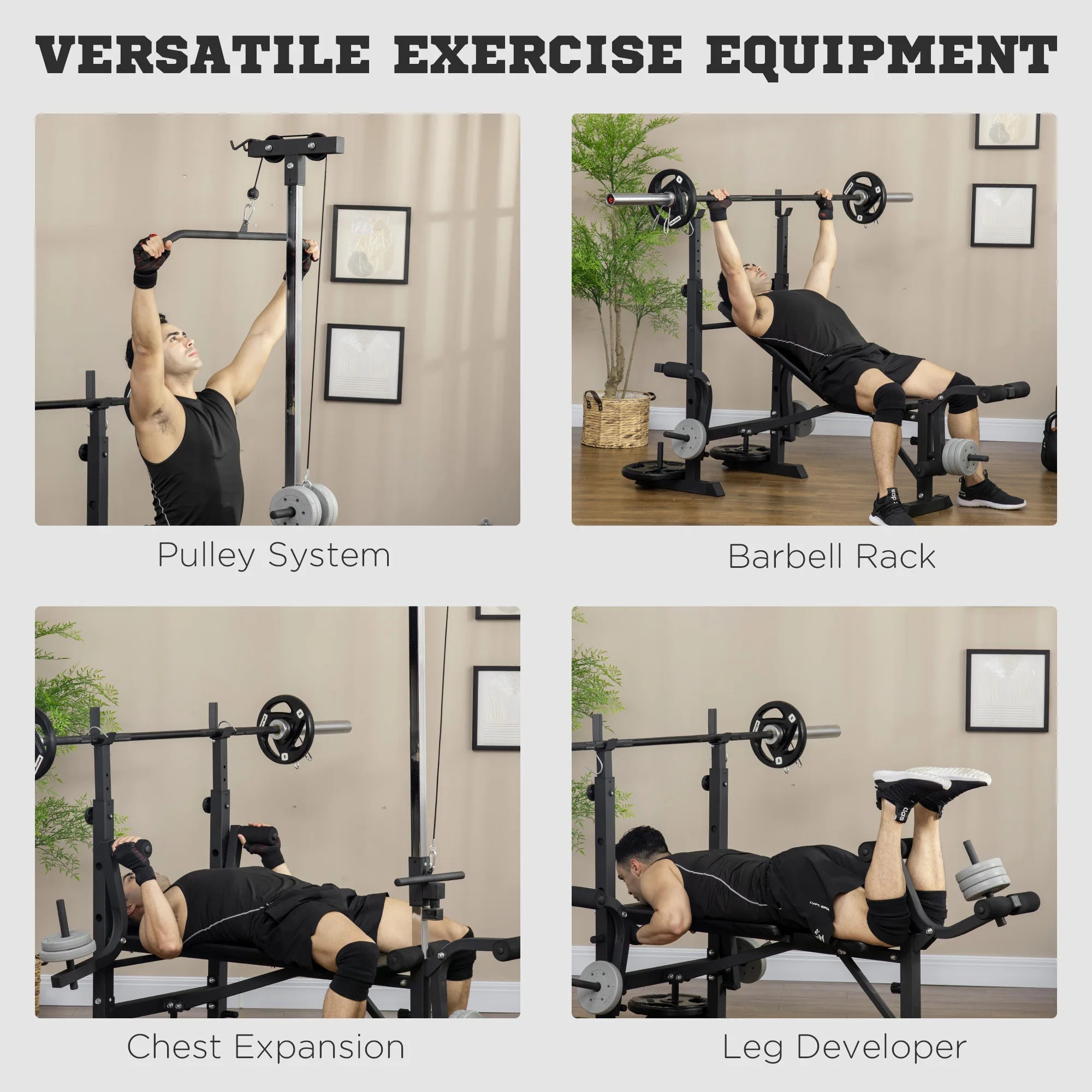 Four images display a man using the JB Muscle HOMCOM Multi Station Exercise Bench—showing butterfly curl, lat pulldown, leg curl, and barbell rack—for full body strength training at home.