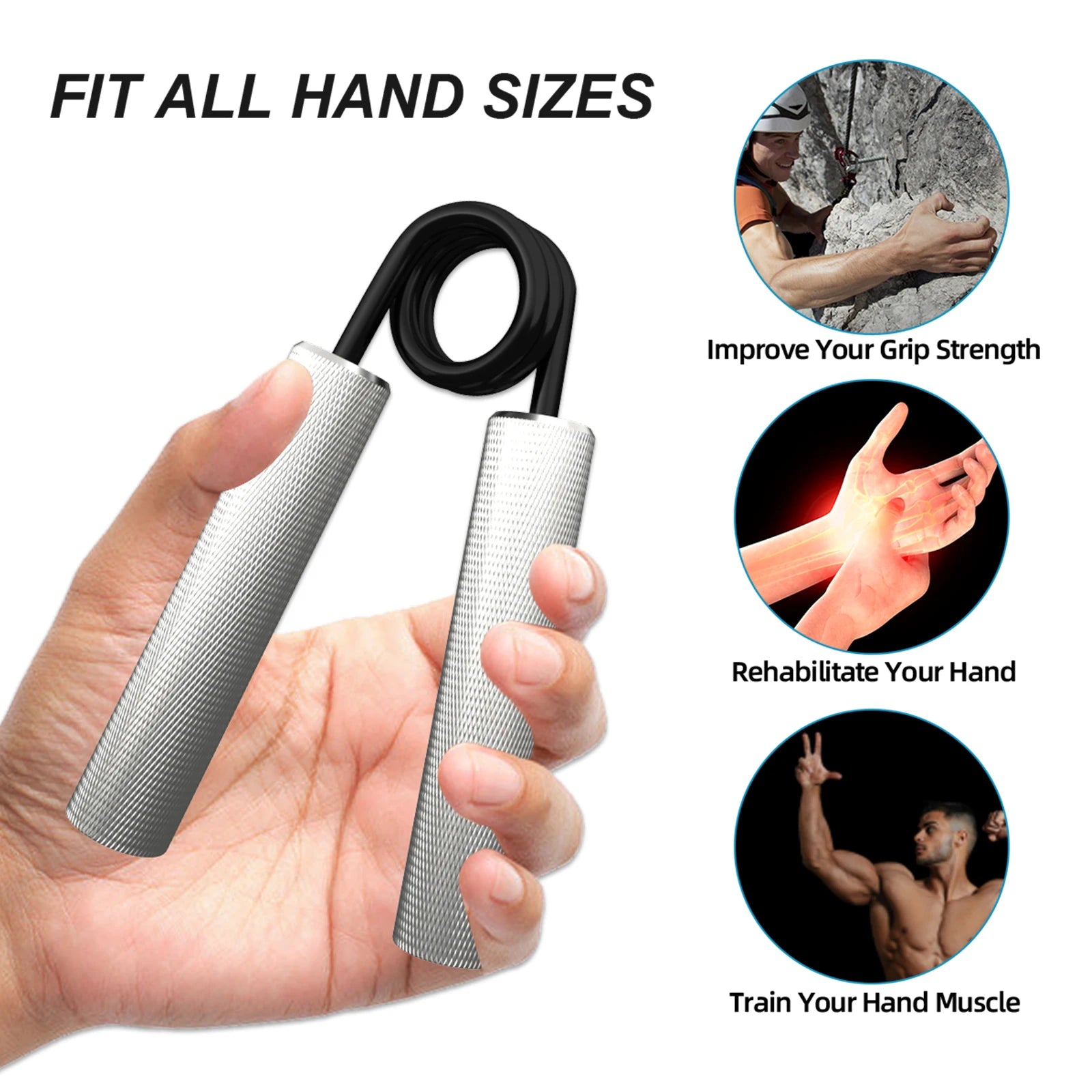 The JB Muscle 150-250LBS Workout Equipment Grip Strength Trainer is depicted with images illustrating its use for enhancing grip strength, aiding hand rehabilitation, and promoting muscle training. The accompanying text highlights that this forearm exerciser fits all hand sizes and serves as an excellent carpal strengthener to effectively boost forearm strength.