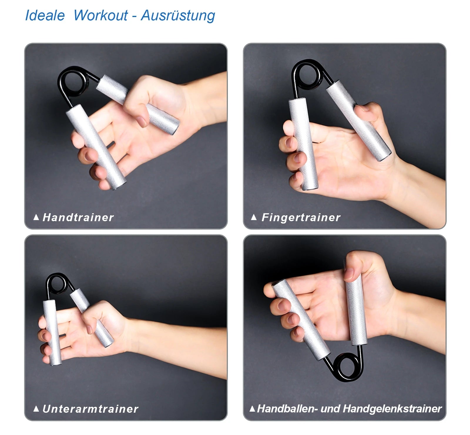 Four images depict a hand using various grip strengtheners from JB Muscle, including the 150-250LBS Workout Equipment Grip Strength Trainer, Forearm Exerciser, and Forearm Strengthener. These tools effectively enhance hand grip and forearm strength, serving as ideal carpal strengtheners for daily exercise routines.