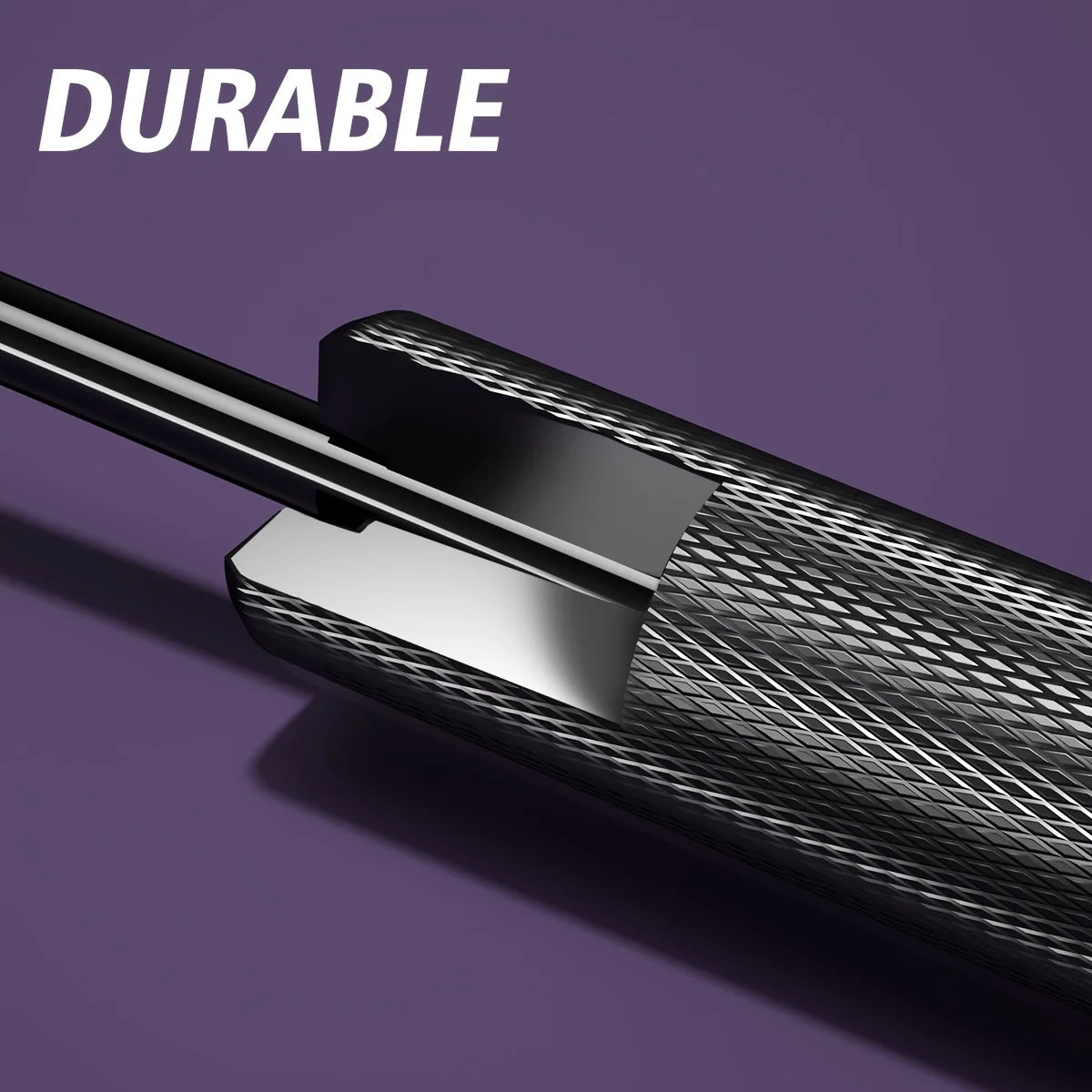 Close-up of a robust black metallic cable with a textured design against a purple background, reminiscent of the JB Muscle Heavy Duty 150-250LBS Hand Grippers for Bodybuilders, designed to enhance grip and forearm strength.