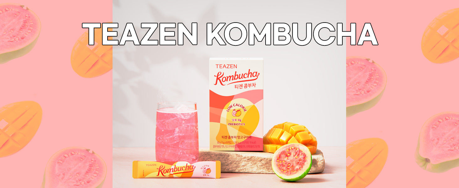 Teazen Kombucha Tea, Zero Sugar, Sparkling Fermented Powdered Mix Beverage from Korea, Live Probiotics  (Mango Guava)