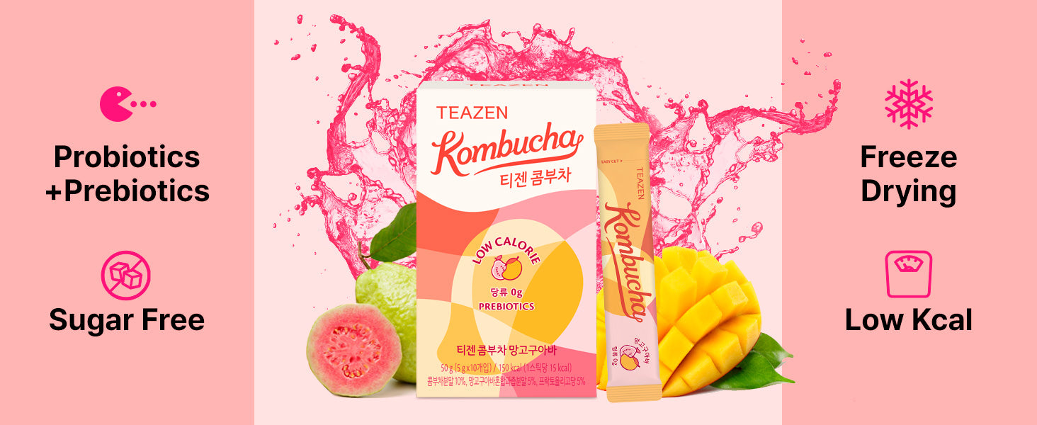 Teazen Kombucha Tea, Zero Sugar, Sparkling Fermented Powdered Mix Beverage from Korea, Live Probiotics & Prebiotics (Mango Guava)