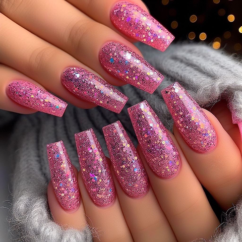 pink sparkly nails using chunky pink glitters from Glitz your life