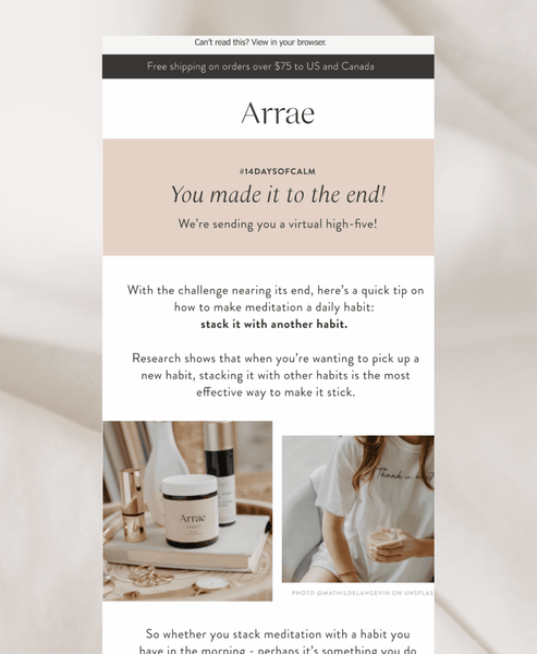 segmented email example from the brand Arrae