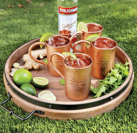 Four original Moscow Mules on a copper platter