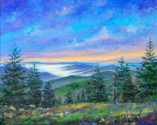 acrylic painting on an 11x14 canvas of a smoky mountain sunset