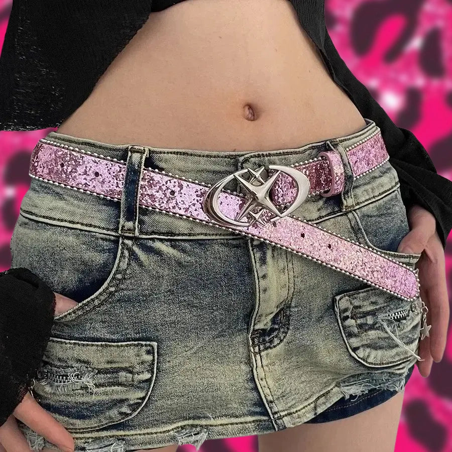 McBling Pink Sequin with Star Buckle Rhinestone Belt