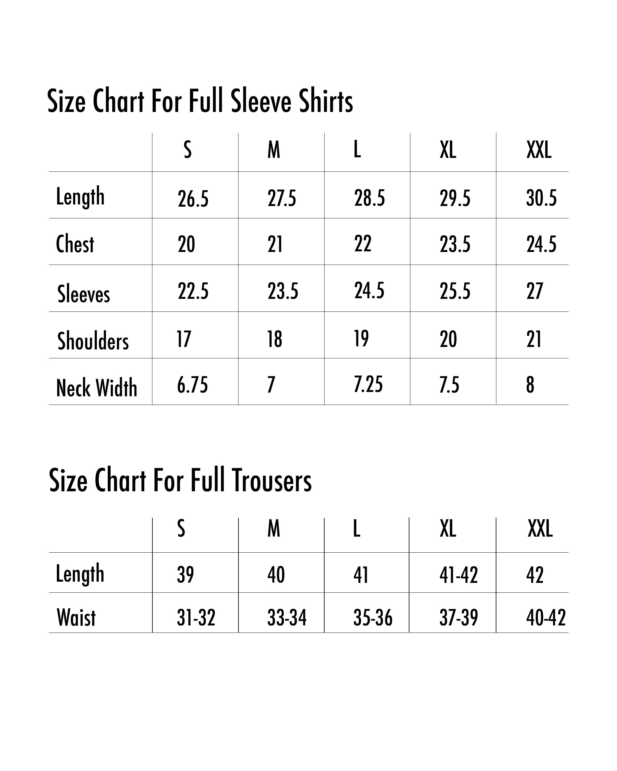 Size Chart – Onerwear