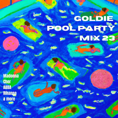 colorful image of pool with people on bright colored floaties