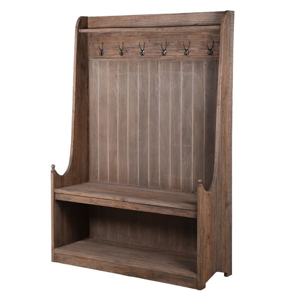 Reclaimed wooden bench with hooks and storage under.